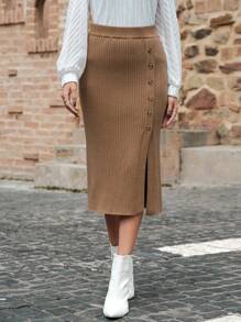 EMERY ROSE Button Detail Split Hem Knit Skirt - Brown - View 1