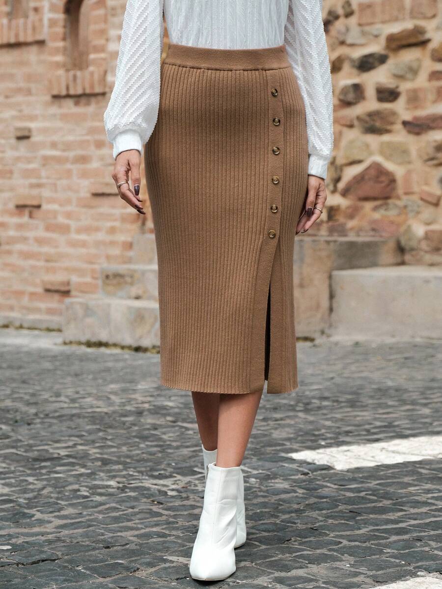 EMERY ROSE Button Detail Split Hem Knit Skirt - Brown - View 1