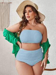 Plus Size Solid Bandeau Bikini Set Summer Beach - Baby Blue - View 5