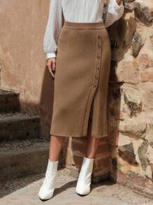 EMERY ROSE Button Detail Split Hem Knit Skirt - Brown - View 3