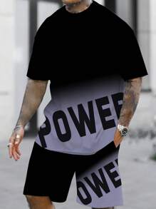 Manfinity EMRG 男士漸層字母圖案T恤和短褲 - 黑色 - 查看 1