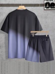 Manfinity EMRG 男士漸層字母圖案T恤和短褲 - 黑色 - 查看 2