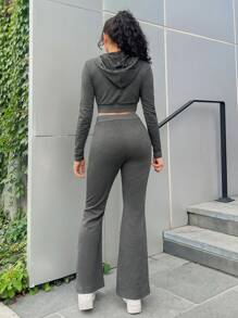 SHEIN EZwear Zip Up Crop Sweatshirt & Drawstring Waist Flare Leg Sweatpants - Dark Grey - View 2