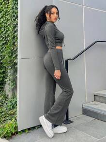 SHEIN EZwear Zip Up Crop Sweatshirt & Drawstring Waist Flare Leg Sweatpants - Dark Grey - View 3