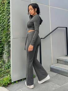 SHEIN EZwear Zip Up Crop Sweatshirt & Drawstring Waist Flare Leg Sweatpants - Dark Grey - View 4
