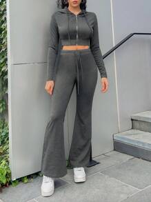 SHEIN EZwear Zip Up Crop Sweatshirt & Drawstring Waist Flare Leg Sweatpants - Dark Grey - View 5