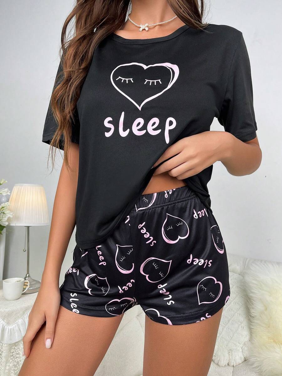 Heart & Letter Graphic PJ Set / Pajama Set - Black - View 1
