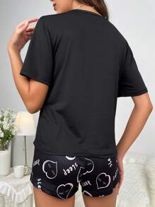 Heart & Letter Graphic PJ Set / Pajama Set - Black - View 2