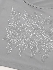 SHEIN ICON 心水鑽細節短款T恤 - 灰色 - 查看 4