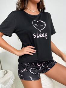 Heart & Letter Graphic PJ Set / Pajama Set - Black - View 4
