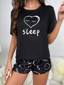 Heart & Letter Graphic PJ Set / Pajama Set - Black - View 5