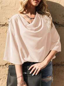 Draped Collar Drop Shoulder Solid Blouse