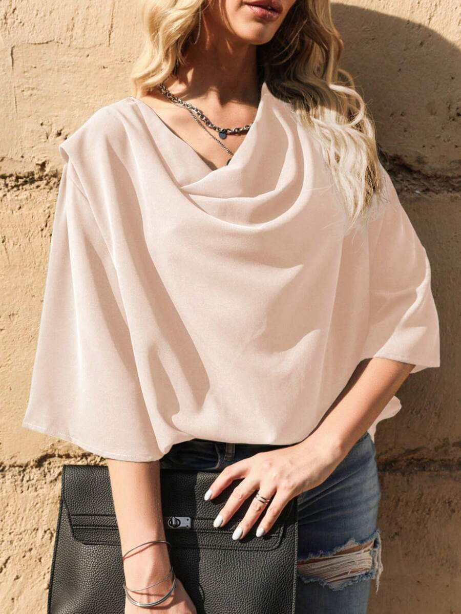 Draped Collar Drop Shoulder Solid Blouse