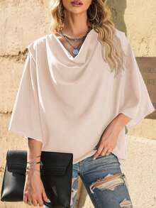 Draped Collar Drop Shoulder Solid Blouse