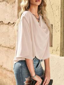 Draped Collar Drop Shoulder Solid Blouse