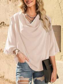 Draped Collar Drop Shoulder Solid Blouse