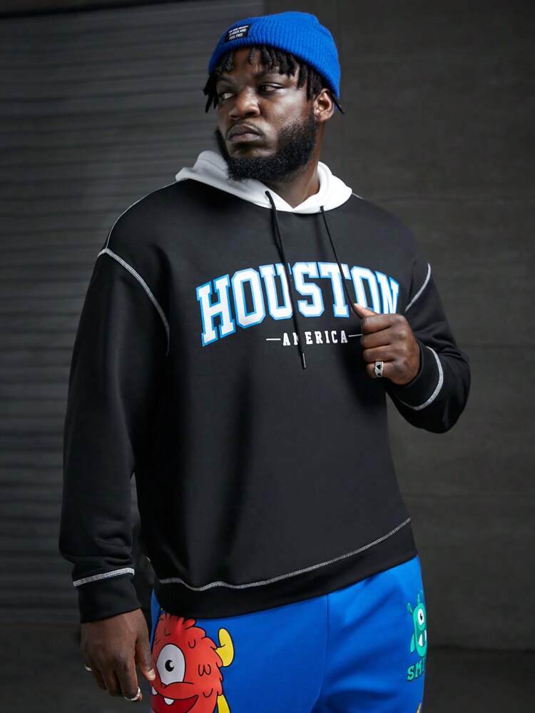 Plus Size Men Loose Letter Graphic Topstitching Drawstring Hoodie, For Fall Winter