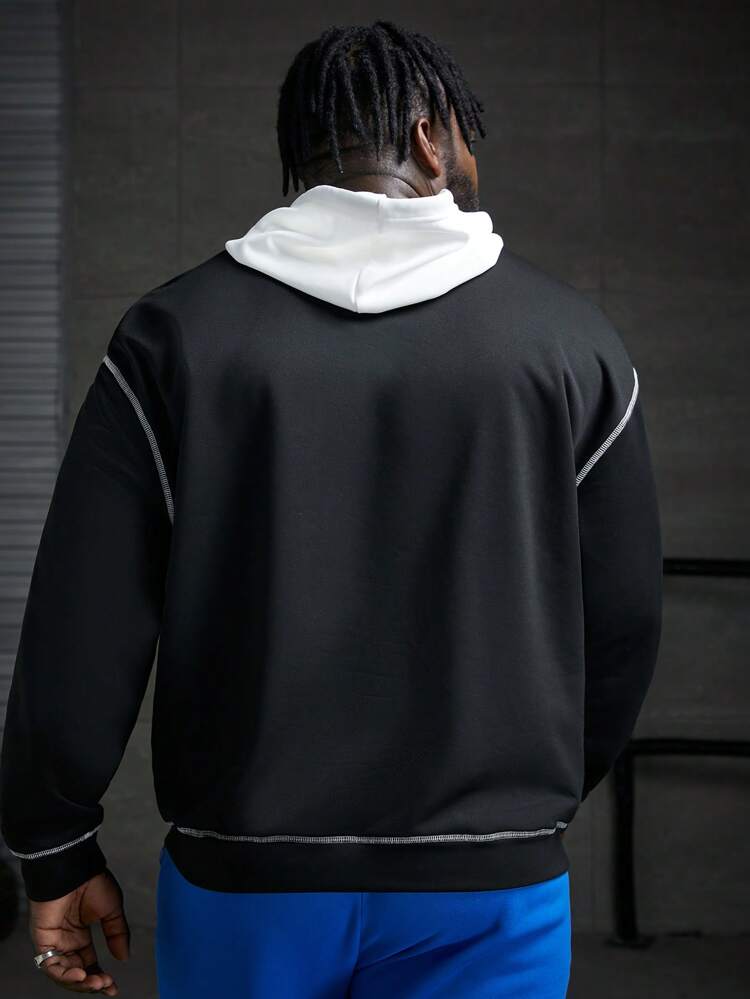 Plus Size Men Loose Letter Graphic Topstitching Drawstring Hoodie, For Fall Winter