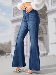 SHEIN Frenchy 牛仔喇叭褲不附腰帶 - 中等水洗藍 - 查看 4