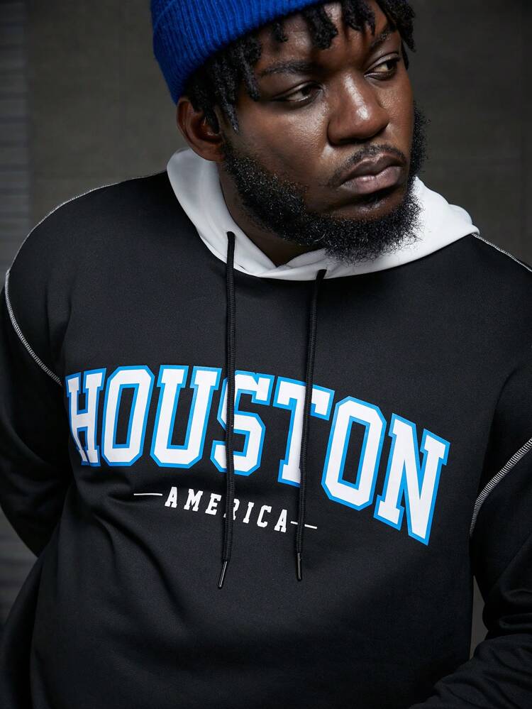 Plus Size Men Loose Letter Graphic Topstitching Drawstring Hoodie, For Fall Winter