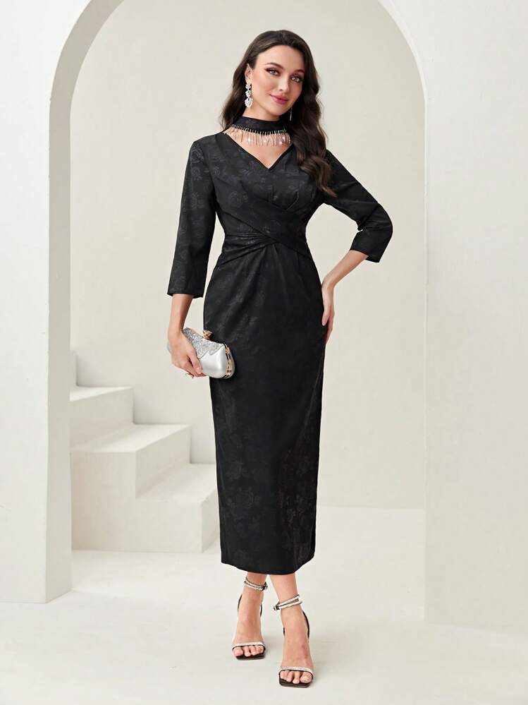 Modelyn 花卉圖案提花鎖脖領口後背開衩洋裝 - 黑色 - 查看 3