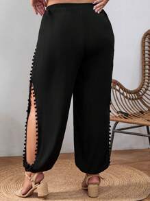 SHEIN VCAY Plus Pom Pom Trim Split Thigh Pants - Black - View 3
