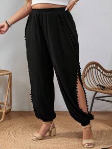 SHEIN VCAY Plus Pom Pom Trim Split Thigh Pants - Black - View 4