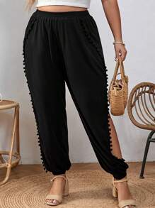 SHEIN VCAY Plus Pom Pom Trim Split Thigh Pants - Black - View 5