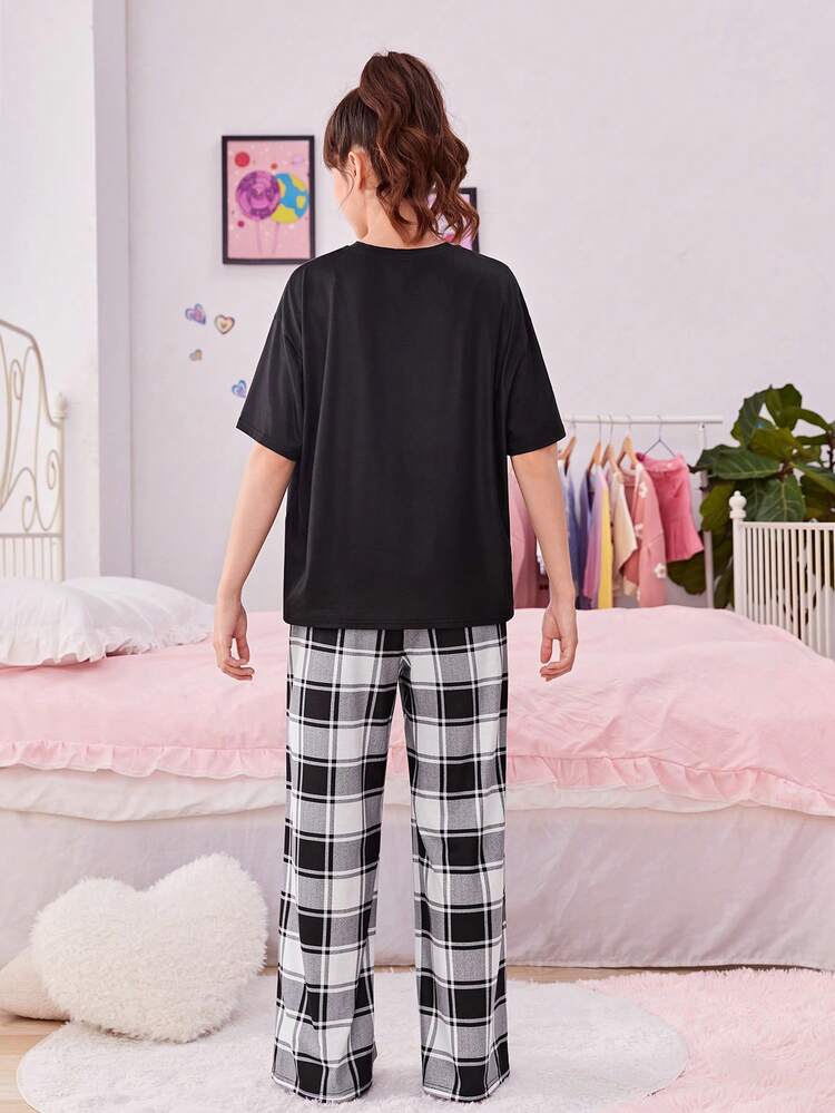 Teen Girl Cartoon & Slogan Graphic Tee & Plaid Pants PJ Set