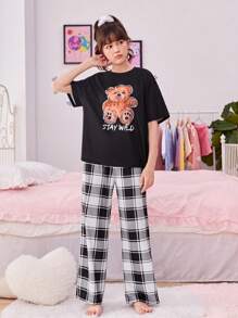 Garota Adolescente Gráfico de Slogan & Cartoon Camiseta & Xadrez Calças Conjunto De Pijama