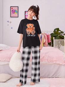Garota Adolescente Gráfico de Slogan & Cartoon Camiseta & Xadrez Calças Conjunto De Pijama