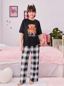 Garota Adolescente Gráfico de Slogan & Cartoon Camiseta & Xadrez Calças Conjunto De Pijama