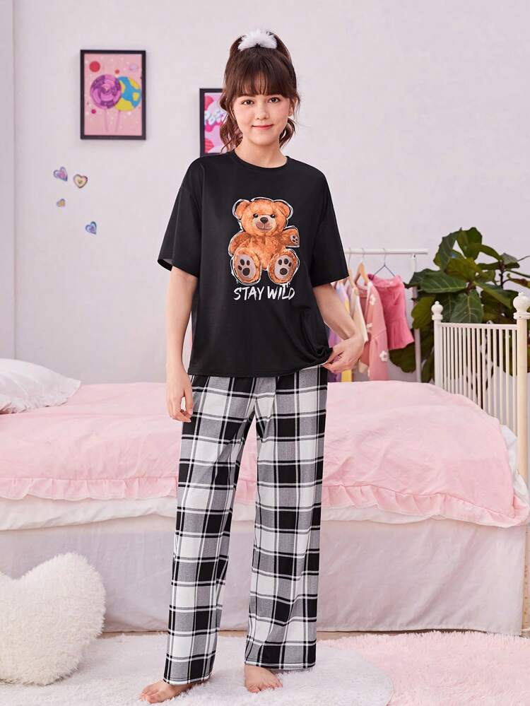 Teen Girl Cartoon & Slogan Graphic Tee & Plaid Pants PJ Set