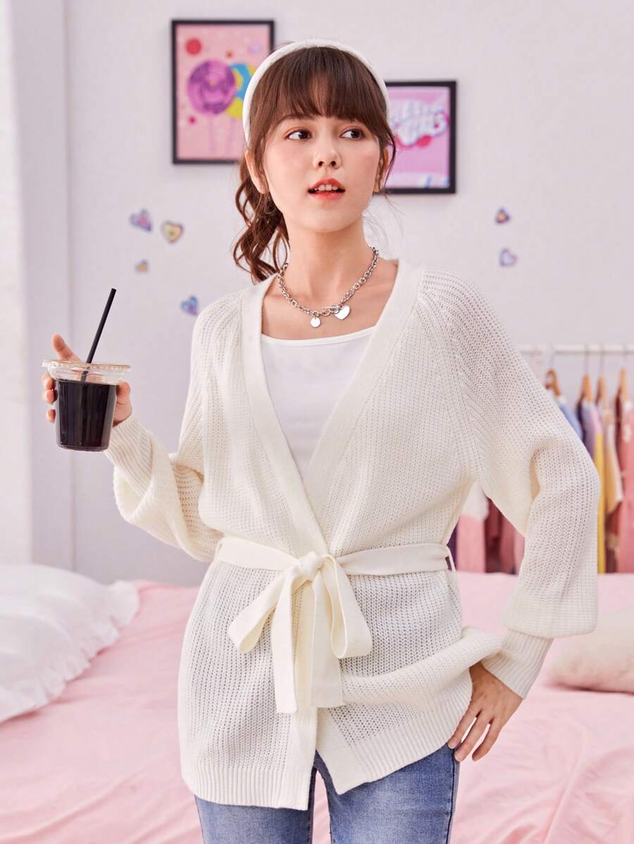 SHEIN Teen Girl Raglan Sleeve Belted Cardigan - Beige - View 1