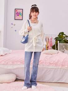 SHEIN Teen Girl Raglan Sleeve Belted Cardigan - Beige - View 3