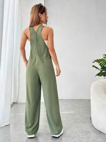 SHEIN EZwear 素色前口袋背帶連身褲不附抹胸