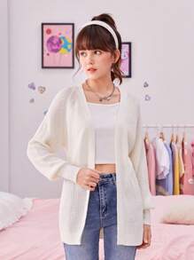 SHEIN Teen Girl Raglan Sleeve Belted Cardigan - Beige - View 5