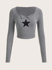 SHEIN EZwear 星星補丁貼短款T恤 - 灰色 - 查看 1