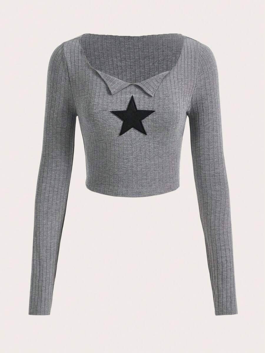 SHEIN EZwear 星星補丁貼短款T恤 - 灰色 - 查看 1