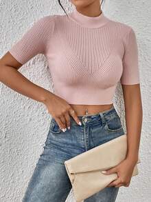 SHEIN Essnce 小高領針織短上衣 - 粉色 - 查看 4