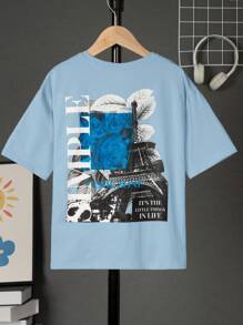 SHEIN Tween Boy Vacation Slogan Pattern Light Blue Drop Shoulder T-Shirt - Baby Blue - View 1
