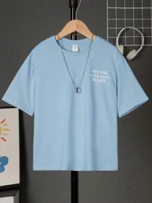 SHEIN Tween Boy Vacation Slogan Pattern Light Blue Drop Shoulder T-Shirt - Baby Blue - View 2