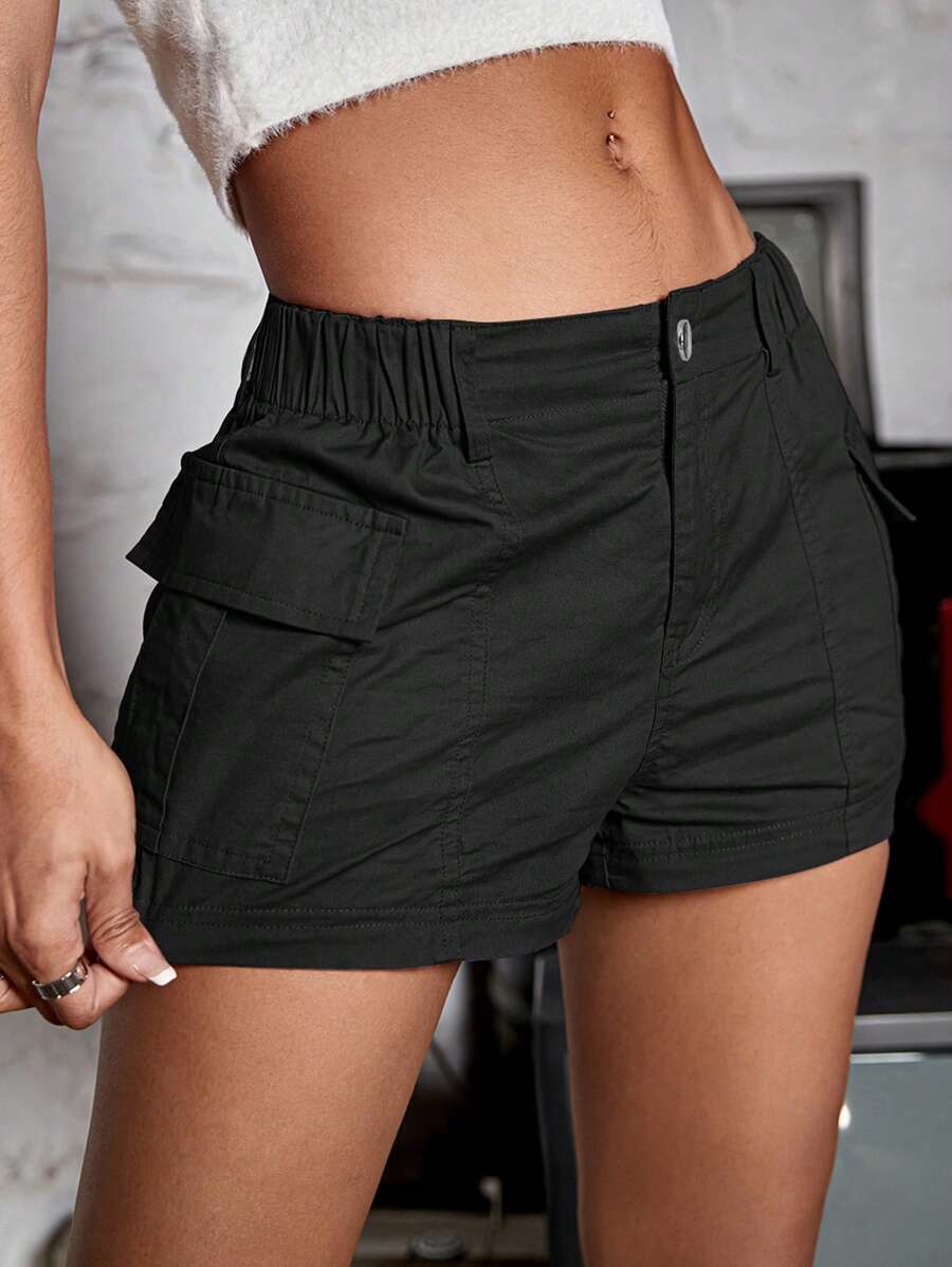 彈性腰帶側翻蓋口袋工裝短褲 - 黑色 - 查看 1