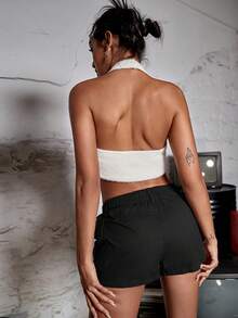 彈性腰帶側翻蓋口袋工裝短褲 - 黑色 - 查看 2