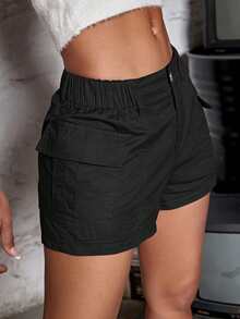 彈性腰帶側翻蓋口袋工裝短褲 - 黑色 - 查看 3