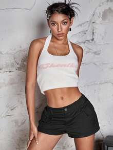 彈性腰帶側翻蓋口袋工裝短褲 - 黑色 - 查看 6