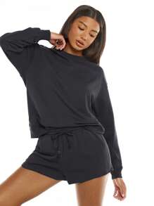 SHEIN BASICS Chất rắn Thả vai Áo nỉ - Màu xám đen - Xem 7
