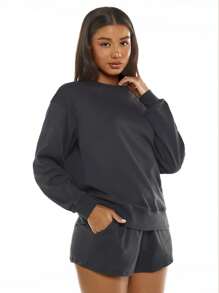 SHEIN BASICS Chất rắn Thả vai Áo nỉ - Màu xám đen - Xem 5