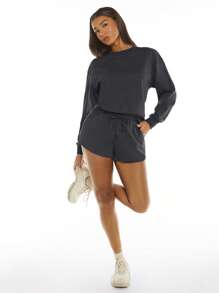 SHEIN BASICS Chất rắn Thả vai Áo nỉ - Màu xám đen - Xem 6