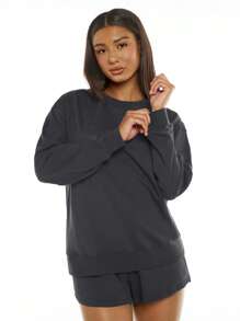 SHEIN BASICS Chất rắn Thả vai Áo nỉ - Màu xám đen - Xem 4